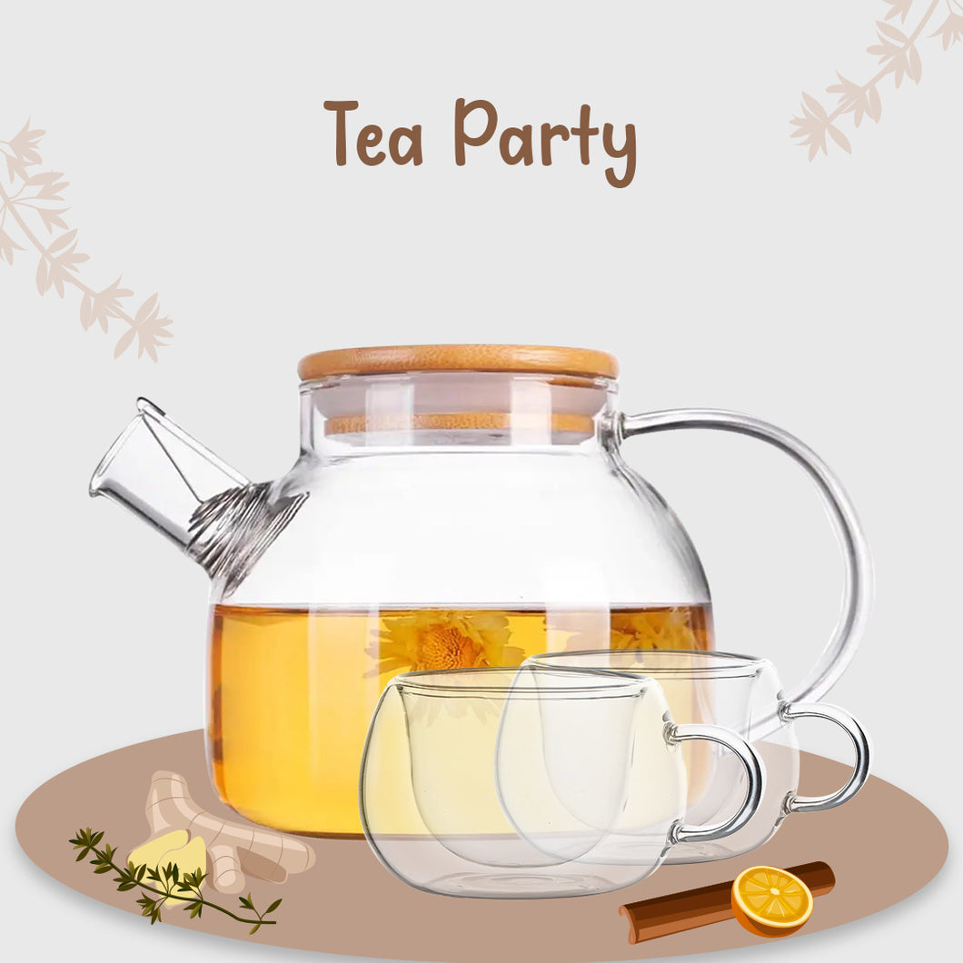 Tea Party | 2 Double Wall Cup + Glass Teapot