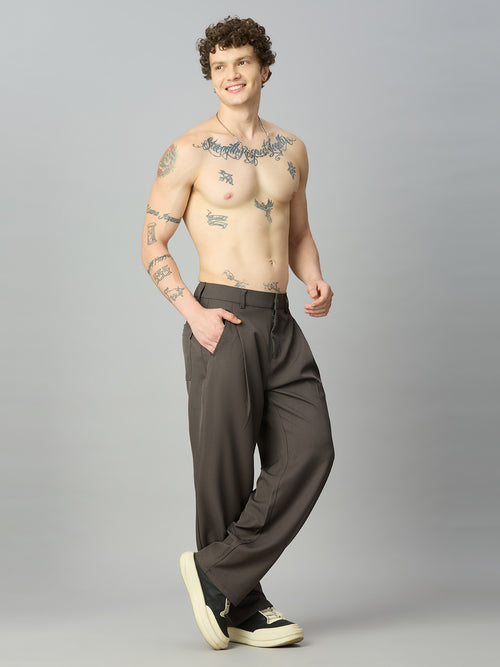Model wearing Korean fit baggy Tencel pants with contemporary casual styling