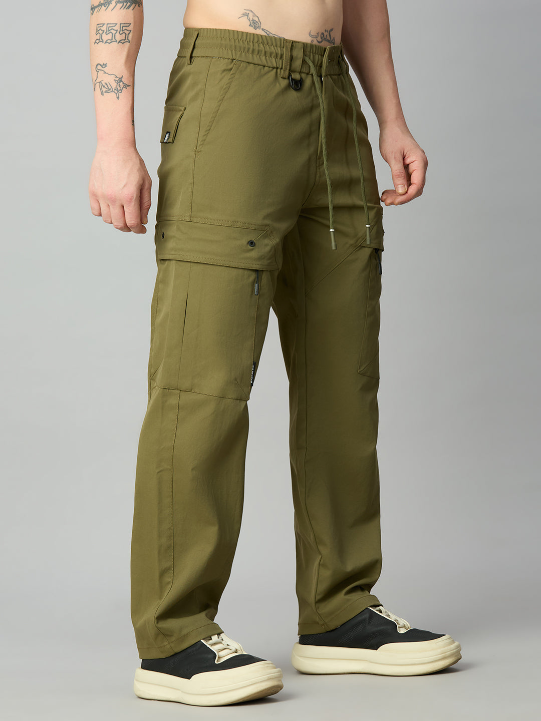 Premium men's Tencel cargo pants featuring a relaxed comfort fit and drawstring waist – right side view