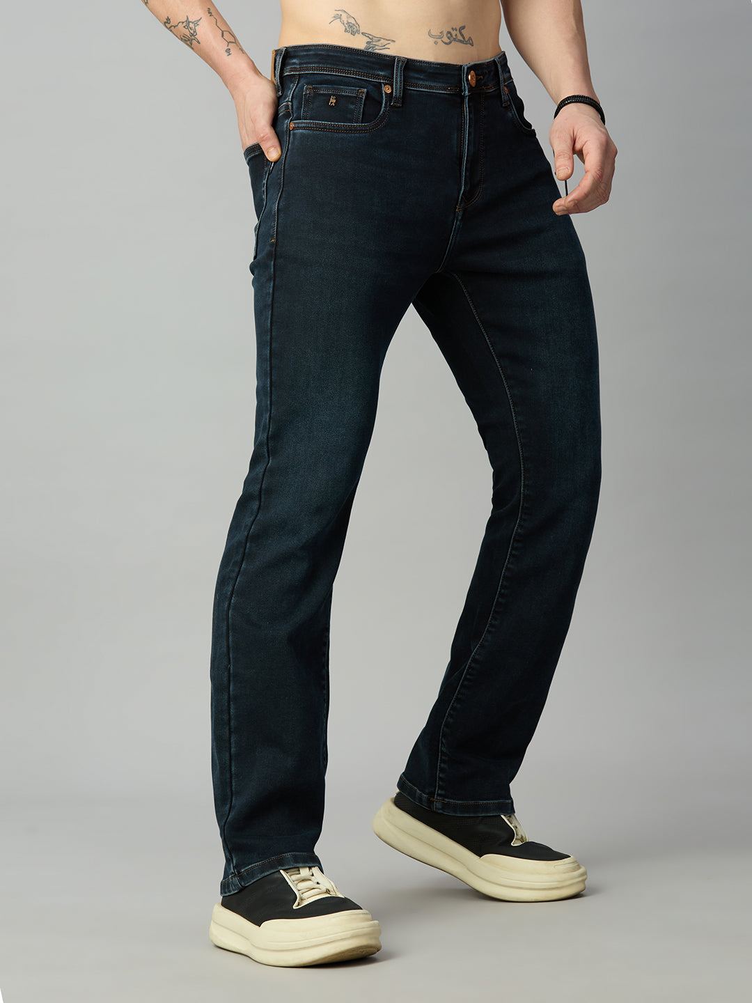 Premium dark wash straight fit stretch jeans for men with a clean timeless design – left side view
