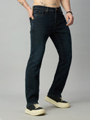 Premium dark wash straight fit stretch jeans for men with a clean timeless design – left side view