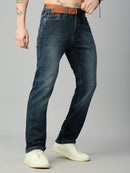 Men's straight fit jeans featuring an attached adjustable belt and premium washed denim – right side view
