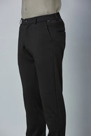 Close-up of nylon–cotton–spandex fabric and fine stitching detail of LOFA stretchable formal trousers.