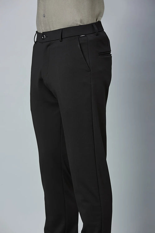 Close-up of nylon–cotton–spandex fabric and fine stitching detail of LOFA stretchable formal trousers.