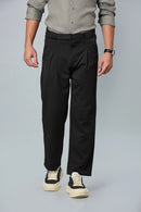 Men’s formal black trousers with in-built belt and inverted pleats – front view