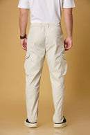 Men’s beige cargo trousers back view – casual fit polyester pants.