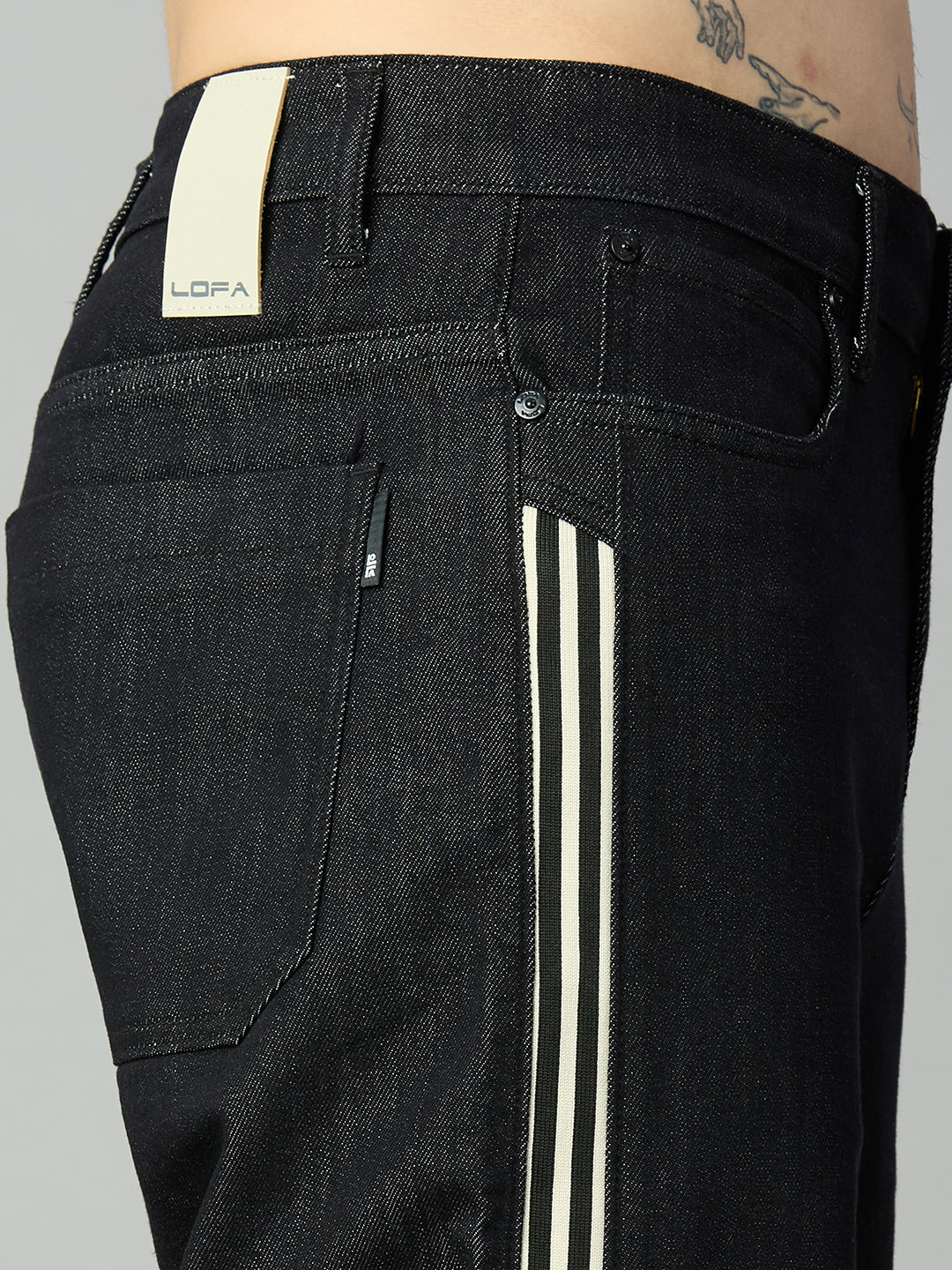 Raw Black Baggy Denim Jeans with Side Stripes