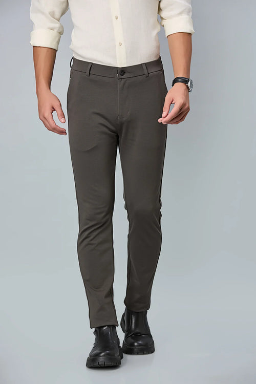 Front view of LOFA men’s Grey slim fit stretchable formal trousers – cotton polyester spandex blend with modern tailored look.