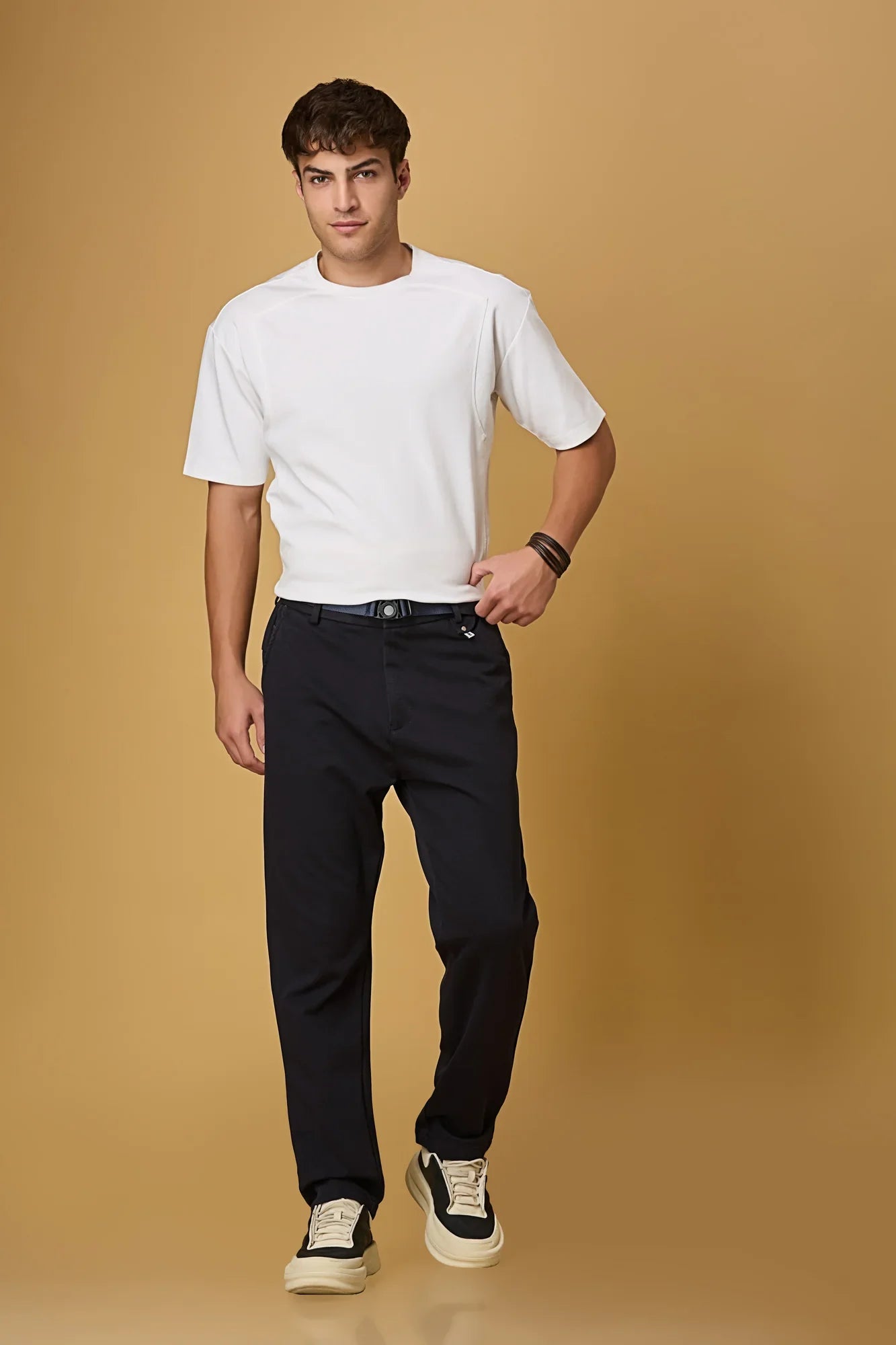 Full outfit look with LOFA navy blue straight fit trousers and built-in belt – styled for a refined office or formal look.