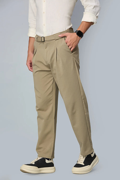Premium men’s casual pants with belt and inverted pleats – stylish formalwear side view 