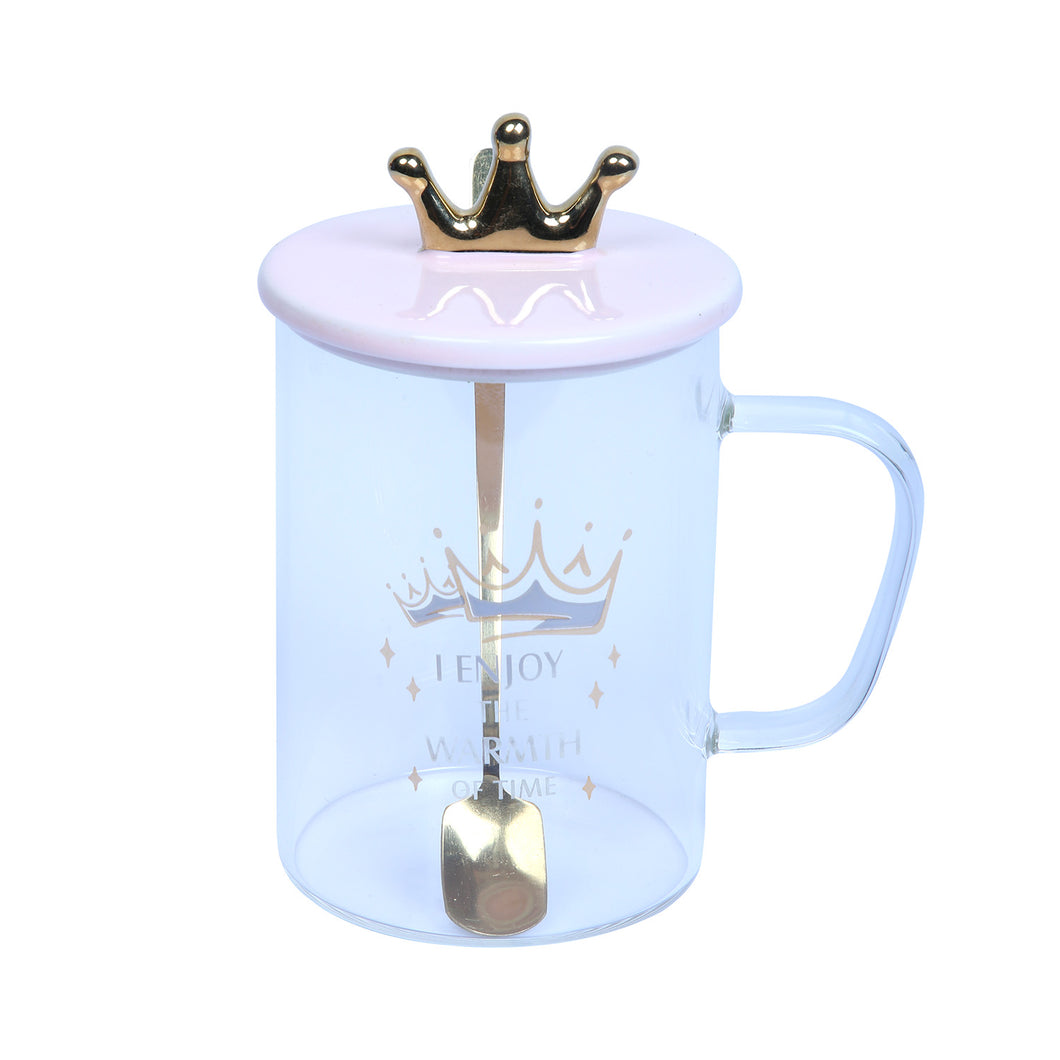 Crown Glass Coffee & Tea Mug with Lid & Spoon- LOFA-Love for Arcade