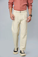 Men’s light cream formal trousers with in-built belt and inverted pleats – front view