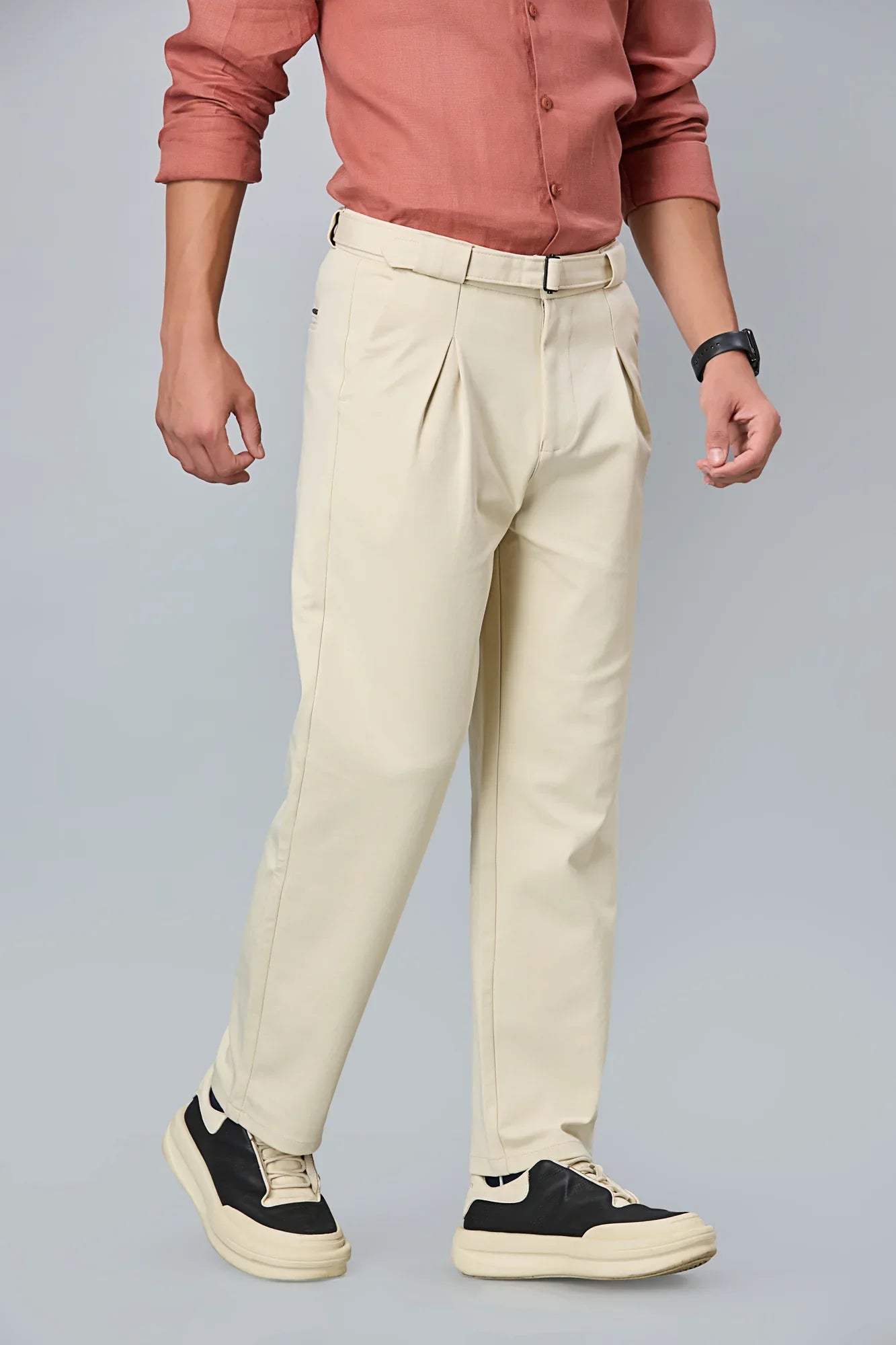 Beige Comfort Fit Stretchable Trousers