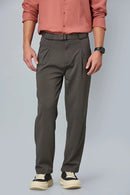 Men’s grey formal trousers with in-built belt and inverted pleats – front view