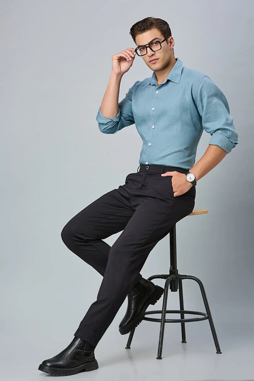Full look of men’s formal trousers styled with shirt and shoes – LOFA comfort stretch pants for office and formal wear.