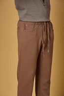 Waist String & Fabric Texture Detail on LOFA Men’s Coffee Brown 4-Way Stretch Trousers
