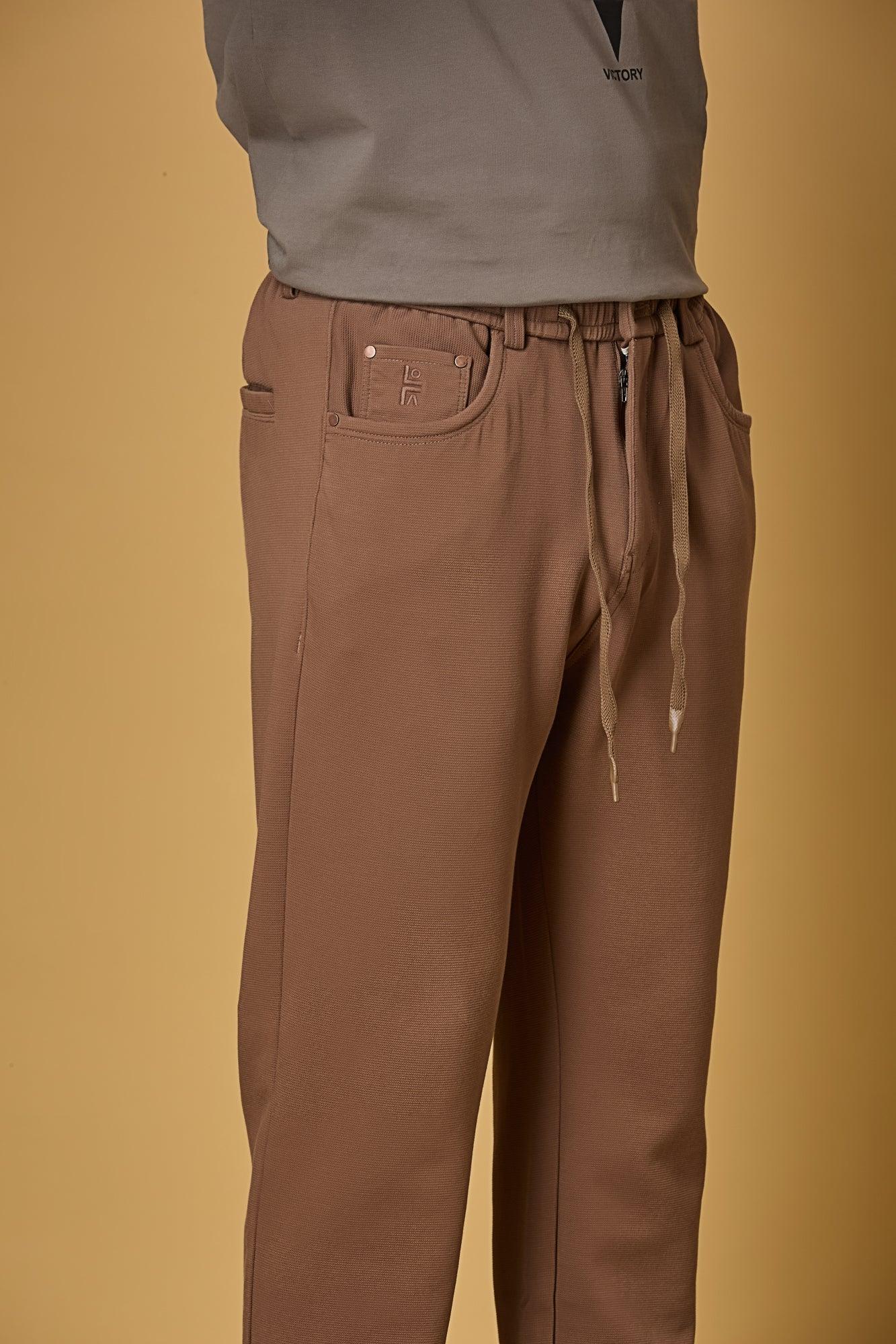 Waist String & Fabric Texture Detail on LOFA Men’s Coffee Brown 4-Way Stretch Trousers