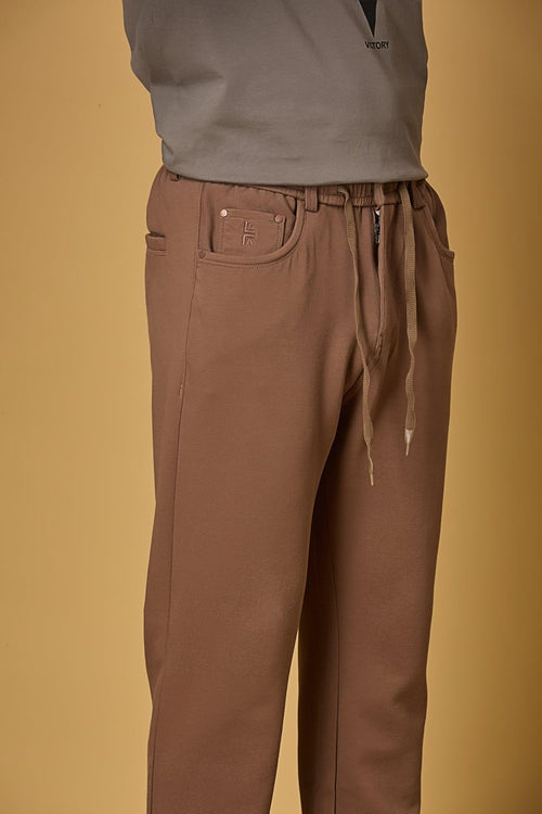 Waist String & Fabric Texture Detail on LOFA Men’s Coffee Brown 4-Way Stretch Trousers
