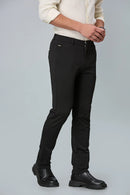 Side view of Black slim fit formal trousers for men – LOFA comfort stretch design with wrinkle-resistant fabric.
