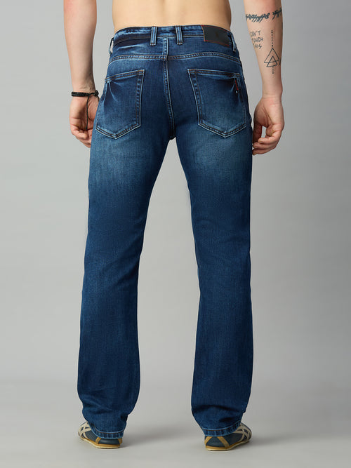 Men's blue straight fit stretch denim jeans with classic back pocket design – back view