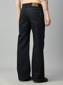 Men's deep blue bootcut jeans featuring classic back pockets and premium denim – back view