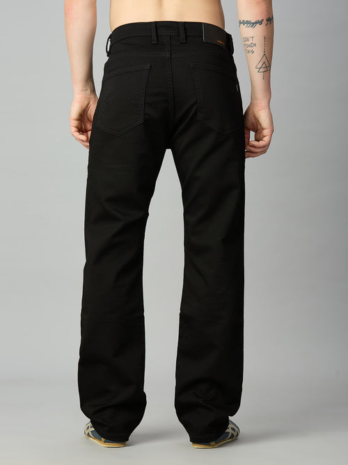 Men's solid black straight fit denim jeans with classic back pockets – back view