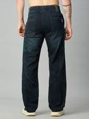 Men's dark wash baggy stretch denim jeans with elastic waistband and classic back pockets – back view