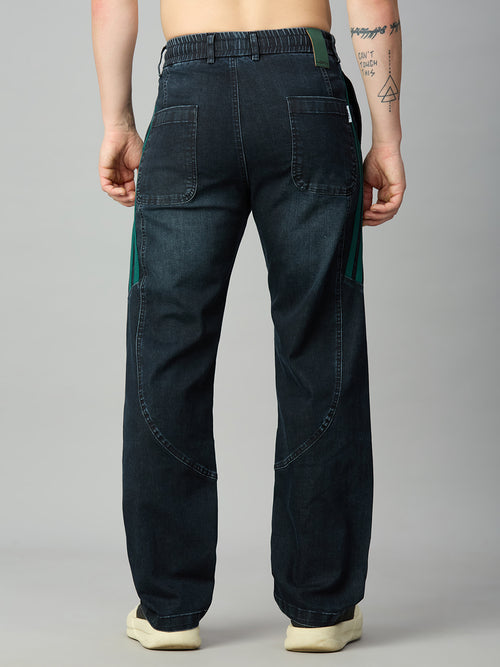 Men's dark wash baggy stretch denim jeans with elastic waistband and classic back pockets – back view