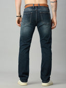Men's deep blue straight fit denim jeans with attached belt and classic back pocket design