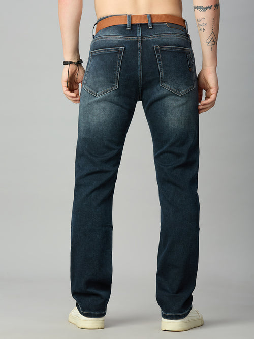 Men's deep blue straight fit denim jeans with attached belt and classic back pocket design