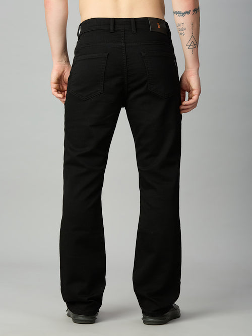 Men's pitch black straight fit denim jeans with classic back pocket construction – back view