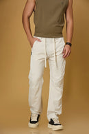 Men’s Beige polyester pants front view – comfort fit stretchable trousers with waist strings.