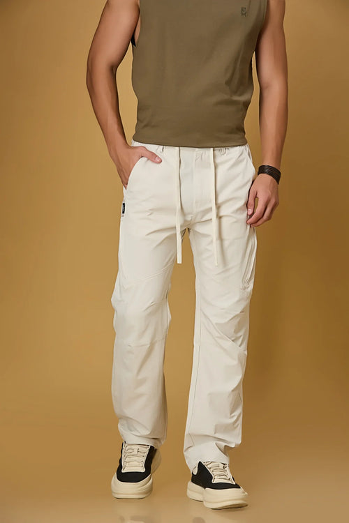 Men’s Beige polyester pants front view – comfort fit stretchable trousers with waist strings.