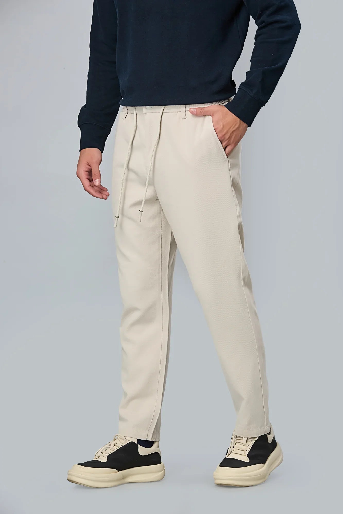 Beige Comfort Fit Casual Trousers