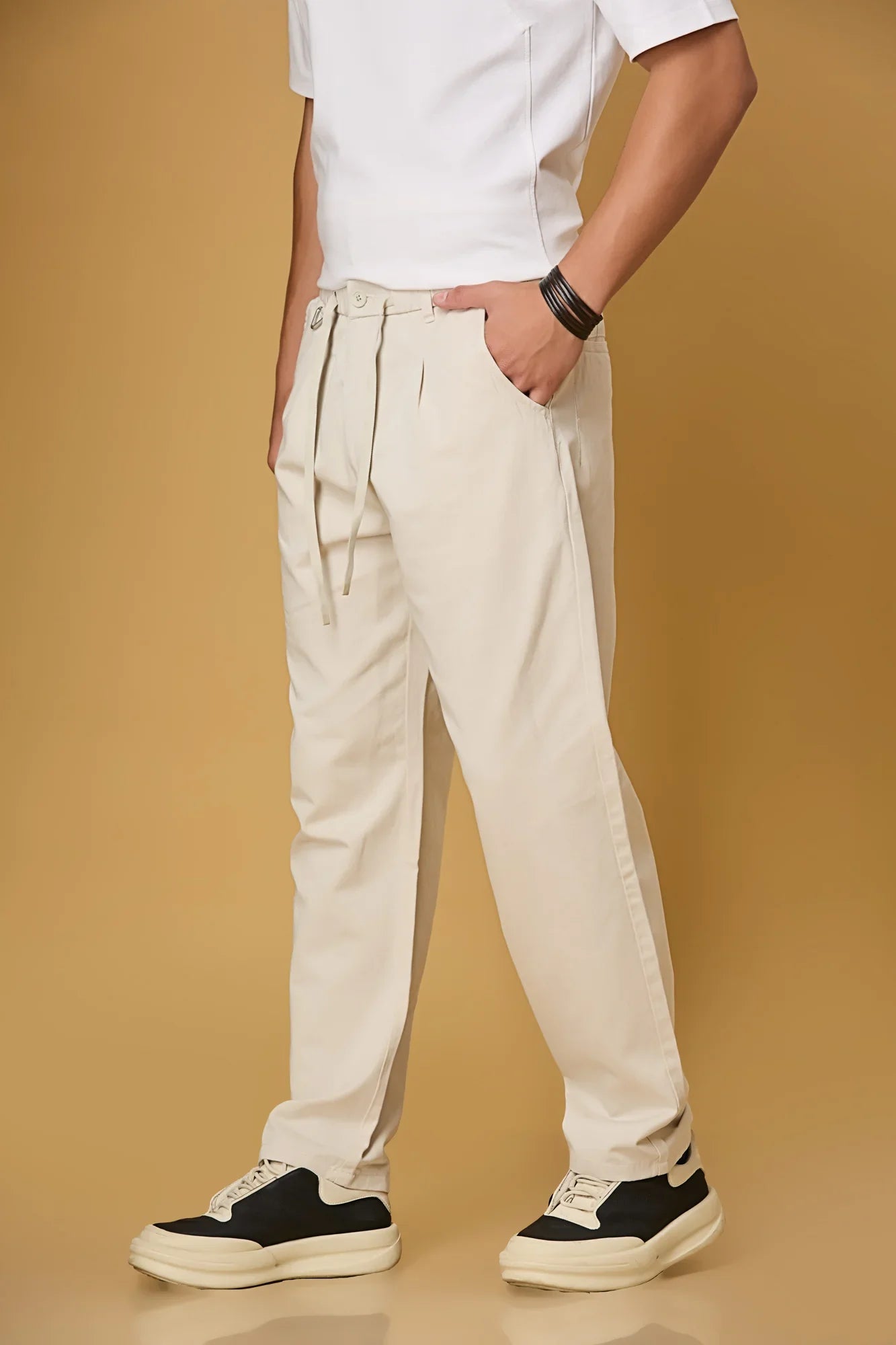 Beige Comfort Fit Casual Trousers