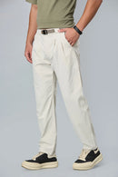 Beige stretchable trousers side view showing comfort fit and pleated front.