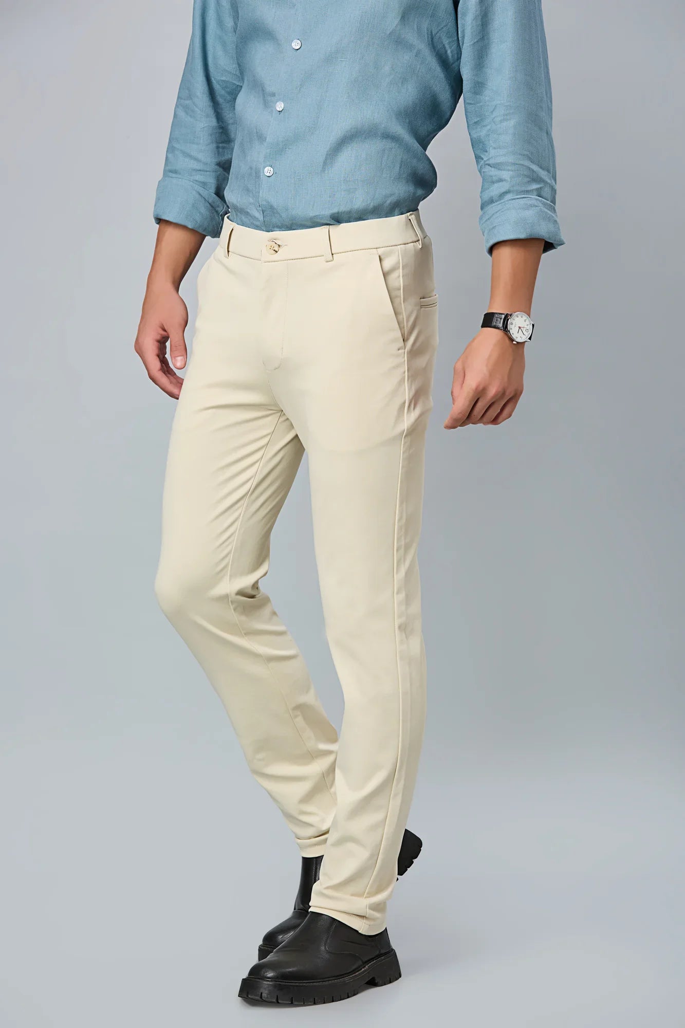 Beige Slim Fit Stretch Trousers