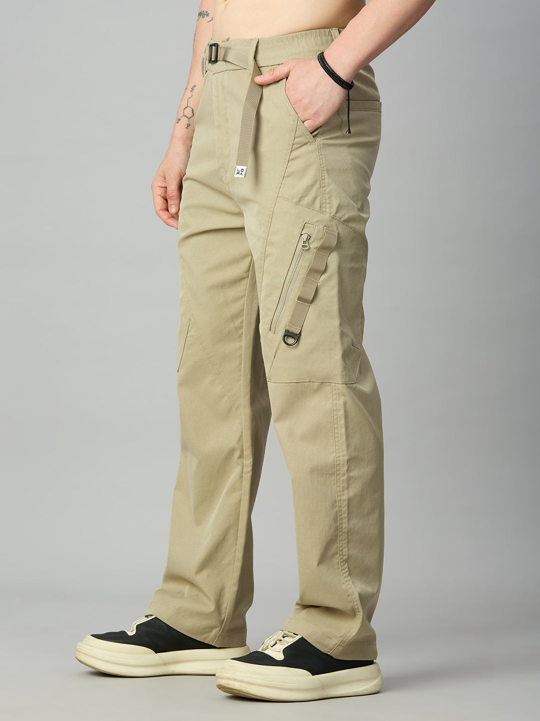 Men's premium Tencel cargo pants featuring utility pockets and relaxed baggy fit – left side view
