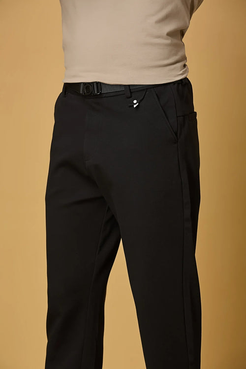 Close-up of Black Tencel cotton spandex fabric and belt detail – smooth stretch texture of LOFA men’s formal trousers.