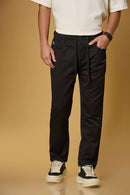 Men’s black polyester trousers front view – comfort fit, smooth stretchable fabric.