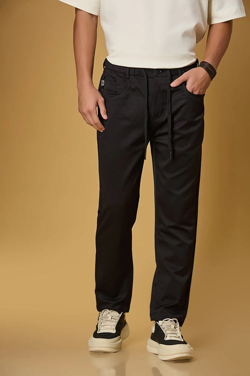 Men’s black polyester trousers front view – comfort fit, smooth stretchable fabric.