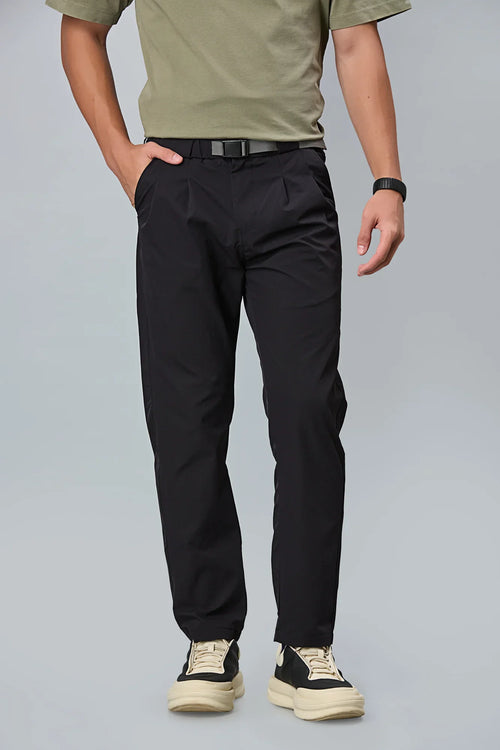 Men’s Black polyester trousers front view – comfort fit with double pleats and belt.