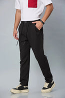 Side View of black Relaxed Fit Stretchable Trousers with Waist String – LOFA