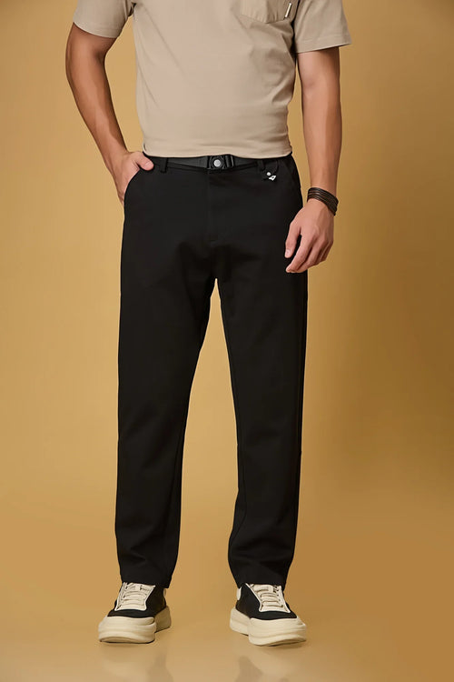 Front view of LOFA men’s Black straight fit trousers with built-in belt – stretchable Tencel cotton blend fabric.