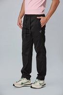 Side View of LOFA black Comfort Fit Polyester Trousers with Waist Strings