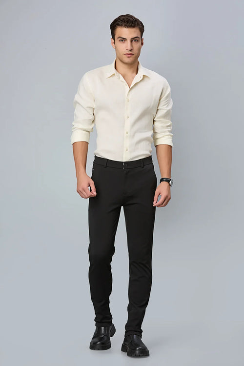 Full outfit look with LOFA Black slim fit formal trousers – paired with shirt and shoes for a refined office style.