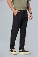 Navy Blue stretchable trousers side view showing comfort fit and pleated front.