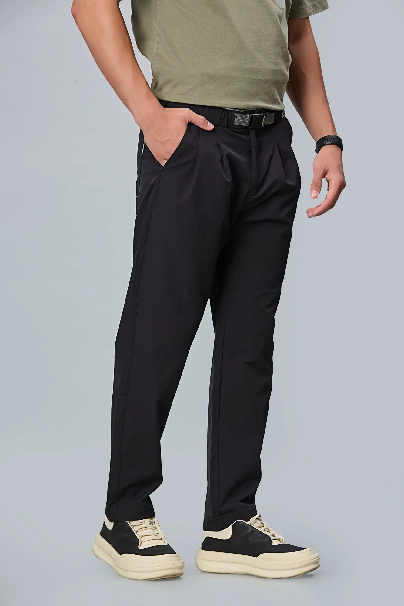 Navy Blue stretchable trousers side view showing comfort fit and pleated front.