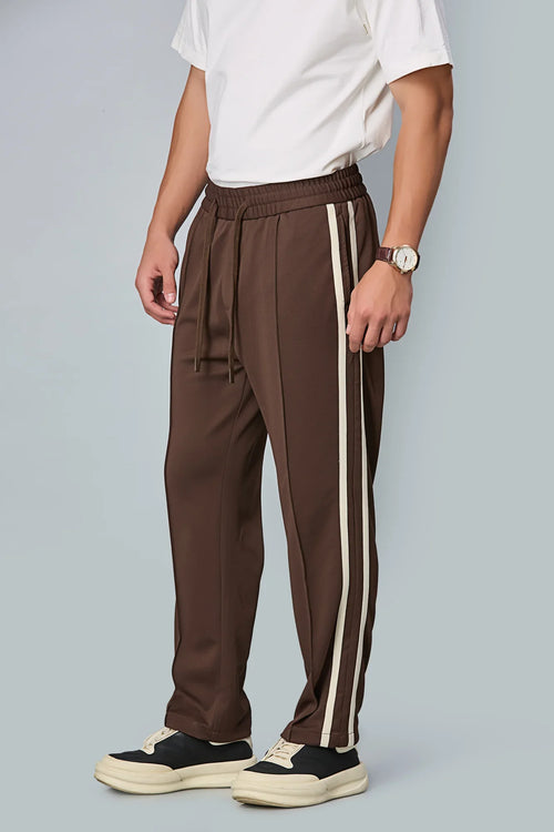 Side view of men’s Coffee Brown straight-fit active trousers – LOFA lightweight stretchable pants for casual and active wear.