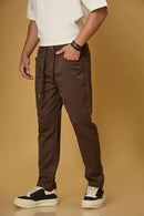 Coffee Brown stretchable trousers side view showing casual comfort fit.